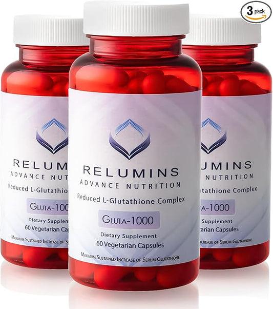 Relumins Advance Nutrition Gluta 1000 - Reduced L-Glutathione, Alpha Lipoic Acid & Rose HIPS - Antioxidant Support for Skin & Overall Wellness - 60 Veg Capsules x 3 Bottles (90-Day Supply)