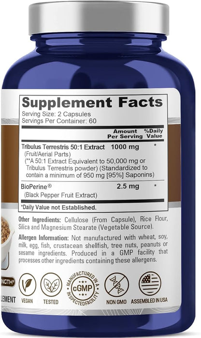 NusaPure Tribulus Terrestris 50:1 Extract, 1000 mg Equivalent to 50,000mg| 120 Veggie Caps | 95% Steroidal Saponins | Non-GMO, Bioperine