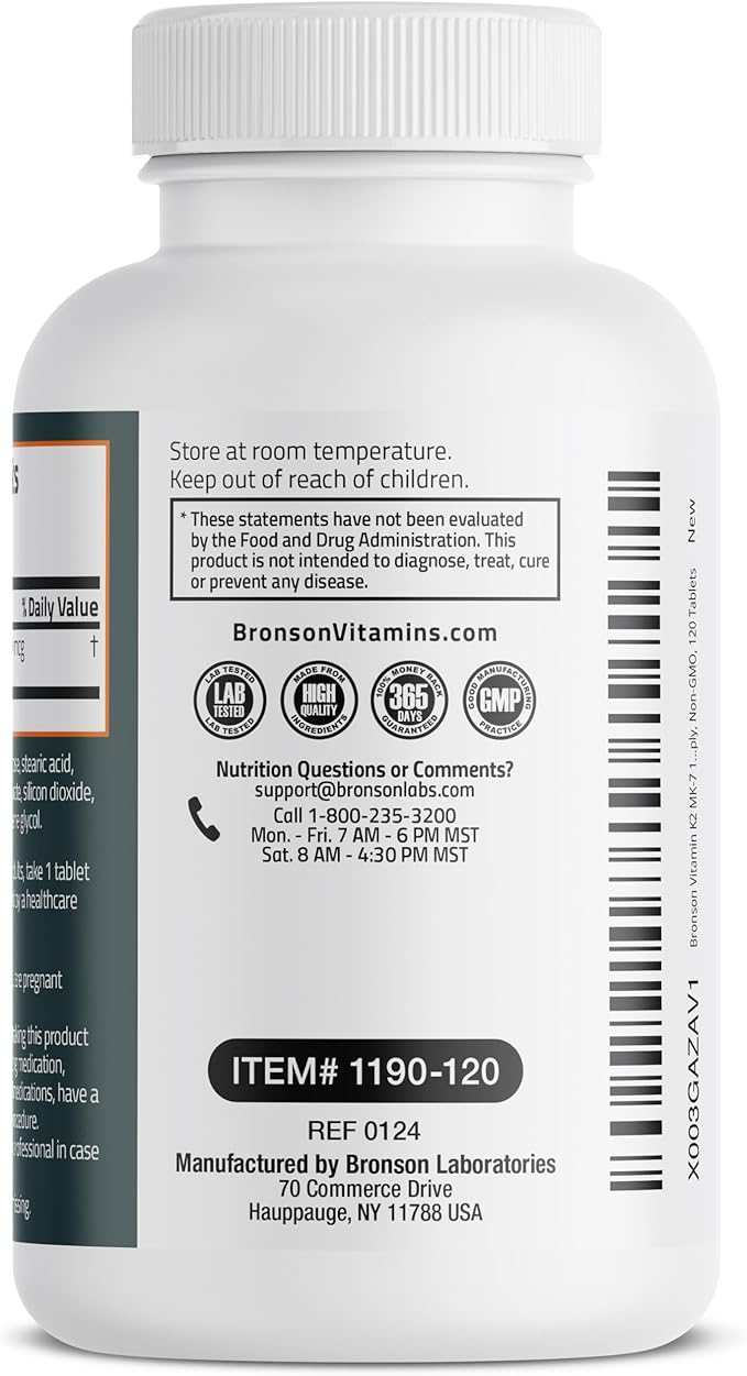 Bronson Vitamin K2 MK-7 100 MCG, K2 as MK7 Menaquinone, Bone Support Non-GMO, 120 Tablets