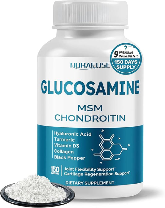 GLUCOSAMINE 9-in-1 Formula - with MSM Chondroitin Collagen Turmeric Hyaluronic Acid Vitamin D3 Non-GMO, Gluten-Free, Soy-Free