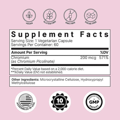 ColonBroom Chromium Picolinate 200mcg - Colon Broom Anti Sugar Craving Suppressant - 60 Capsules, Vegan, Gluten Free, Non-GMO