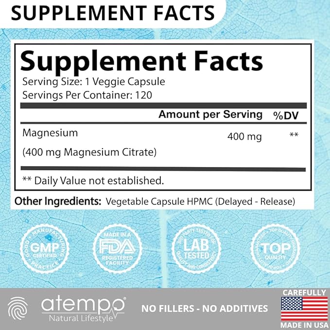 Magnesium Citrate, for Metabolism, Enzyme Function, Electrolyte Balance, Stress, Nerves & Muscles Health* Professional Grade High Absorption, NO FILLERS-ADDITIVES, 120 Vegan Capsules Delay Release