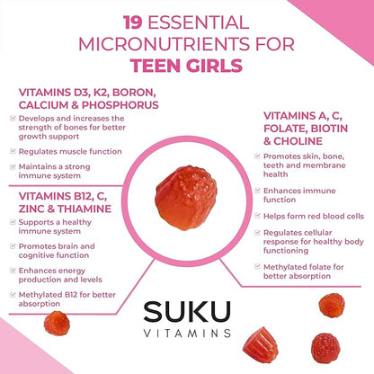 Teen Girl Gummies – Sugar Free Vegetarian Gummy Vitamins Supplement with 19 Essential Nutrients Strengthens Bones, Muscles, Enhances Energy & Skin Health – Cherry Flavor (60 Count)