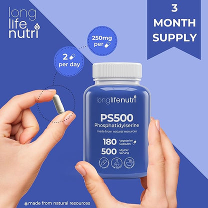 Phosphatidylserine Pure 500mg – 180 Vegetarian Pills, 3-Month Supply, Supplement for Strengthening Memory, Focus & Cognitive Function, Made in USA, Lab Tested, Soy Free, Non GMO