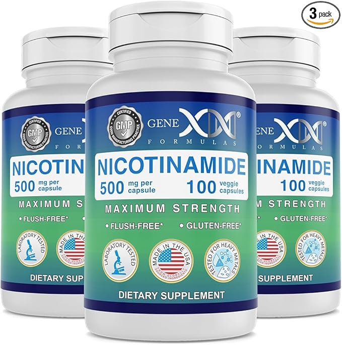 Genex Formulas Nicotinamide 500mg (3-Pack) Vitamin B3 Flush Free Niacin Capsules for Healthy Skin - Niacinamide Supplement Pills help Produce Keratin & Support Skin Cell Health & Energy (300 Capsules)