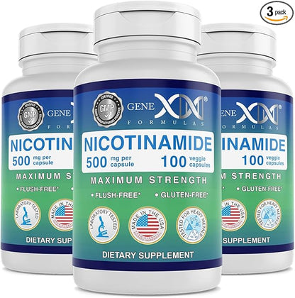 Genex Formulas Nicotinamide 500mg (3-Pack) Vitamin B3 Flush Free Niacin Capsules for Healthy Skin - Niacinamide Supplement Pills help Produce Keratin & Support Skin Cell Health & Energy (300 Capsules)