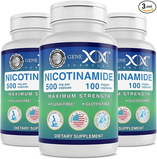 Genex Formulas Nicotinamide 500mg (3-Pack) Vitamin B3 Flush Free Niacin Capsules for Healthy Skin - Niacinamide Supplement Pills help Produce Keratin & Support Skin Cell Health & Energy (300 Capsules)