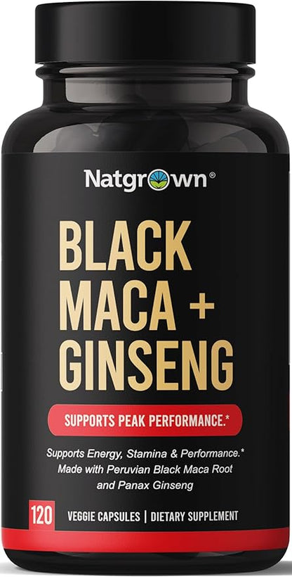 Natgrown Black Maca Root + Panax Ginseng Powder Capsules 1500 mg with Black Peruvian Maca Root & Korean Panax Ginseng Supplement for Men and Women - Vegan Pills (120 Count)