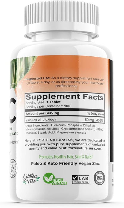 Zinc 50mg, (100 Tablets), Specially Formulated for Sensitive Stomach, Immune Support, Skin & Hair, Vegan Zinc Supplement, Non-GMO Made in USA