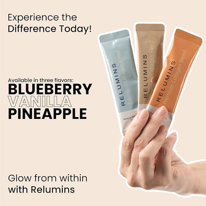 Relumins Marine Collagen Powder Drink Mix - Collagen Peptide with Glutathione, Green Tea, CoQ10, & Hyaluronic Acid Boosts Smooth Glowing Skin - 10 Powder Sachets x Blueberry Flavored