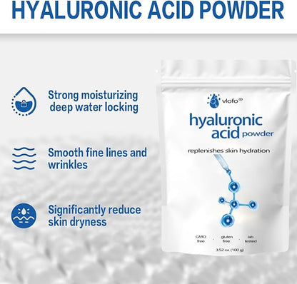 Hyaluronic Acid Powder for Skin Care - Low Molecular Weight, Vegan Cosmetic Grade, Water-Soluble Moisturizing Ingredient for DIY Facial Serum & Anti-Aging Skincare