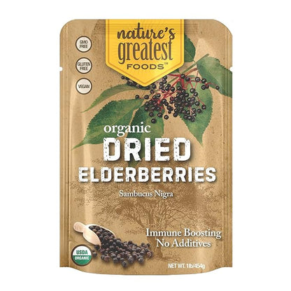 Organic Dried Elderberries, 1 lb Bulk, Immune Boosting, No Additives, Non GMO, No Sugar Added, Wildcrafted, Non-irradiated, Sambucus Nigra, Product of Ukraine, Resealable Bag