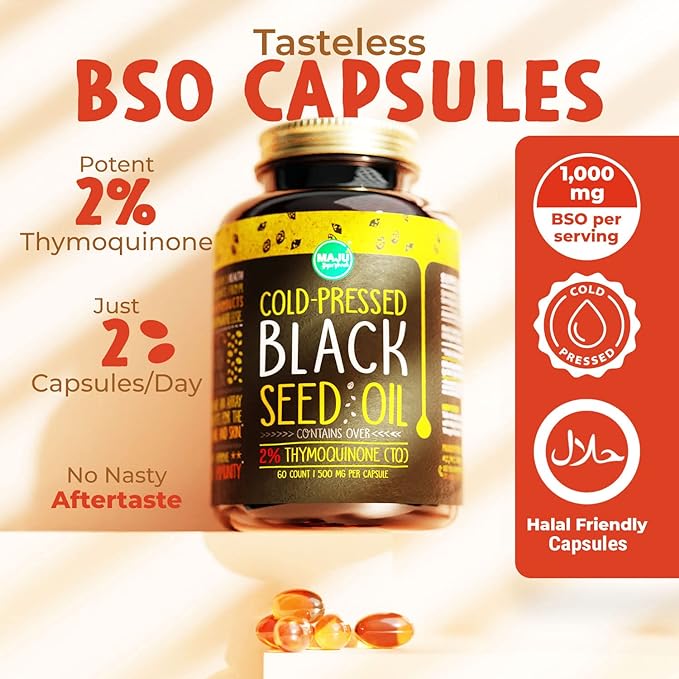 Maju Superfoods Black Seed Oil Capsules - Cold Pressed, 2% Thymoquinone, 100% Turkish Black Cumin Nigella Sativa Seed Oil, Liquid Pure Blackseed 60 Count, 500mg per Capsule