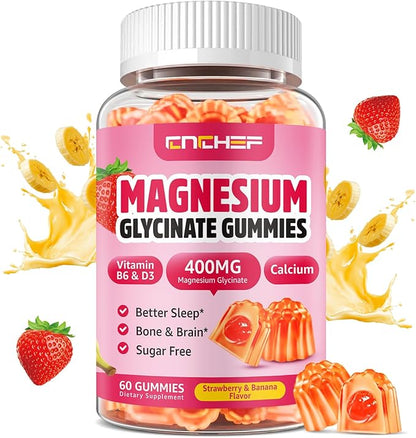 Double-Flavor Magnesium Glycinate Gummies 400MG, Sugar Free Magnesium Supplement Calm Sleep for Women Kids Adults with Vitamin D3, B6 and Calcium, Gluten Free & Vegan Friendly, 60 Count