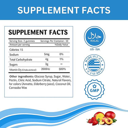 Greenfield Nutritions Halal Vitamin D3 Gummies for Adults - 2000 IU (50 mcg), 90 Gummy Halal Vitamins - Non-GMO Gluten Gelatin Free Vegetarian Halal Vitamin D - Supports Bone Heart & Immune Health