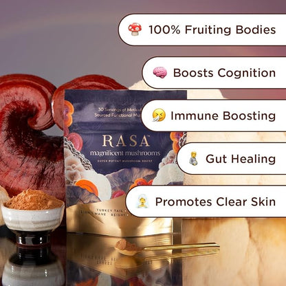 Rasa Magnificent Mushrooms – Best Mushroom Blend Supplement | 100% Fruiting Bodies | Organic Extra Potent Mushroom Extract Powder | Vegan & Gluten-Free (1 oz / 30 Servings)