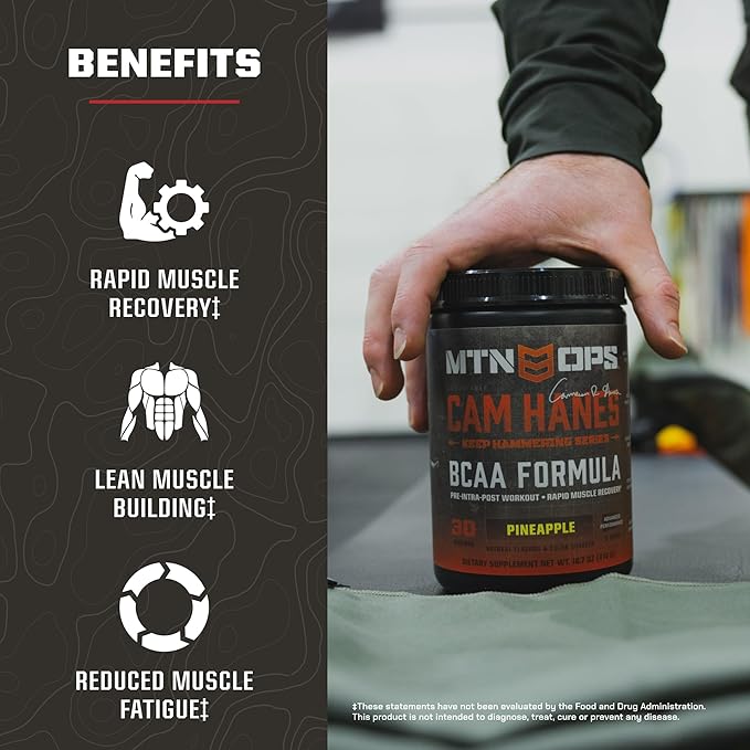 MTN OPS BCAA Powder, 2:1:1 Amino Acids Supplement Powder for Rapid Muscle Recovery & Repair with Zero Sugar & Gluten Free - 30-Serving Tub Pineapple Flavor, Cameron Hanes Keep Hammering Series