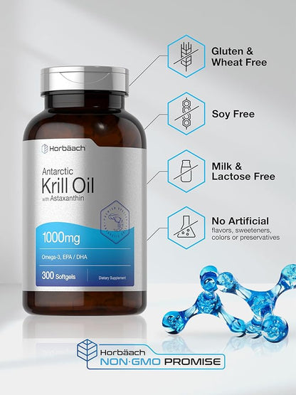 Horbäach Antarctic Krill Oil 1000mg Softgels | 300 Count | Omega 3 Supplements with Astaxanthin, EPA, DHA | Non-GMO, Gluten Free