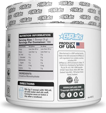 EHP Labs CREA-8 Creatine Monohydrate Powder - Unflavored Creatine Powder for Muscle Growth, Increased Strength, Enhanced Energy Output and Improved Performance - 100 Servings (500g)