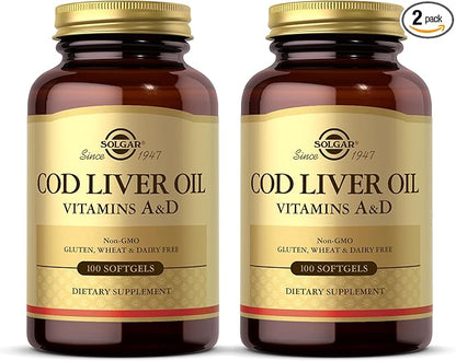 SOLGAR Cod Liver Oil - 100 Softgels, Pack of 2 - Provides Vitamins A & D - Non-GMO, Gluten Free - 200 Total Servings