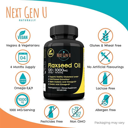 Flaxseed Oil Capsules - 1000 mg - 120 Vegan Soft Gels - High in Omega 3, 6, 9 - Cold Pressed Flax Seed Formula - 4 Months Supply - by NextGenU