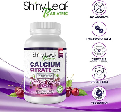 Shiny Leaf Bariatric Calcium Citrate Chews - 600mg, with Vitamin D 3 Plus Magnesium - Chewable Supplements for Women and Men, Bariatric Patients Vitamins for Bone and Joints Health, 120 Count, Cherry