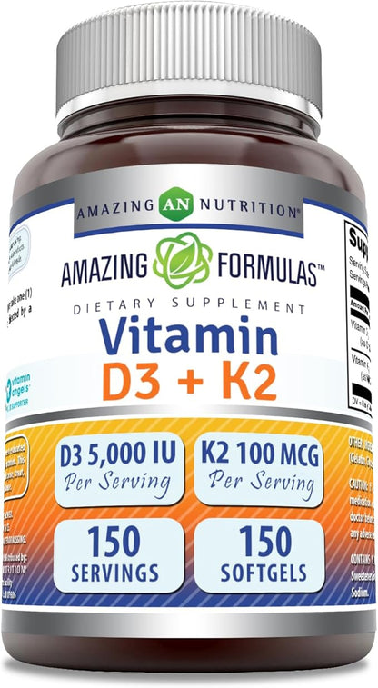 Amazing Formulas Vitamin D3 5000 IU with Vitamin K2 100 Mcg | D3 + K2 Complex Supplement | Softgels | Non-GMO | Gluten-Free | Made in USA (150 Count | Unflavored)
