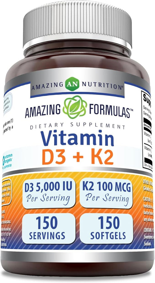 Amazing Formulas Vitamin D3 5000 IU with Vitamin K2 100 Mcg | D3 + K2 Complex Supplement | Softgels | Non-GMO | Gluten-Free | Made in USA (150 Count | Unflavored)