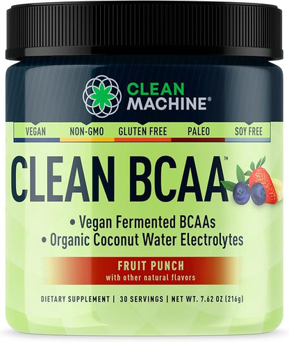 Clean BCAA - 2:1:1 Food Sourced BCAAs Powder & Coconut Water Electrolytes Recovery & Amino Energy Supplement - Award Winning Vegan Amino Acid Supplement - 30 Servings (30, Fruit Punch)