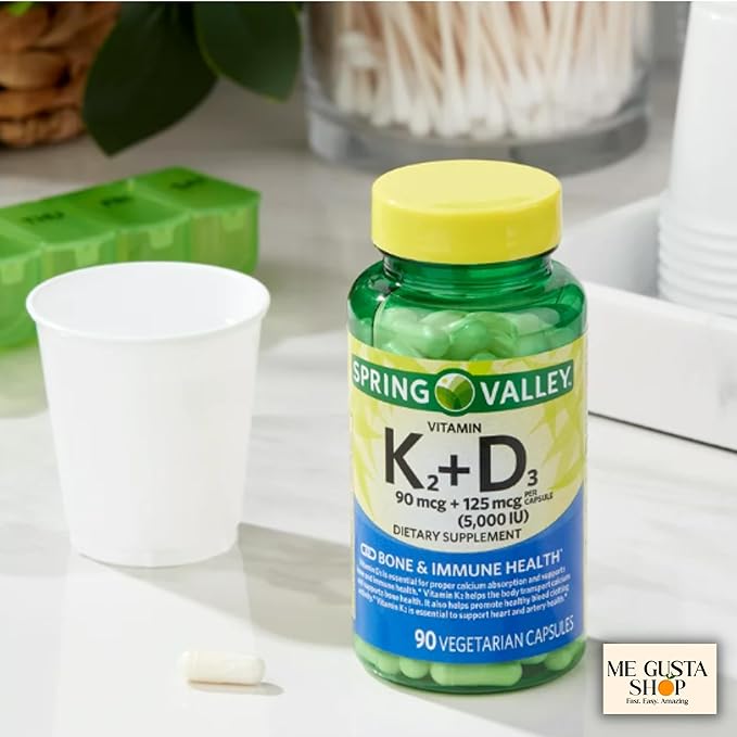 Spring Valley Vitamin K2 90mcg + D3 125mcg 90 Count Vegetarian Capsule inclued Pills Organizer