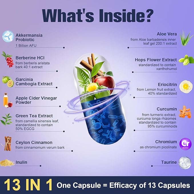13 in 1 GLP-1 Natural Support, GLP-1 Supplement with Akkermansia Probiotic, Berberine HCI, Garcinia Cambogia, Apple Cider Vinegar, Green Tea Extract, 120 Capsules