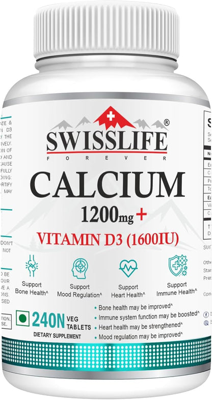 Calcium Carbonate 240 Tablets 1200mg | with Vitamin D3 1600IU| Dietary Tablets with Mineral and Vitamins Help in Bone Health, Muscle Health, Joints Health for Men & Women