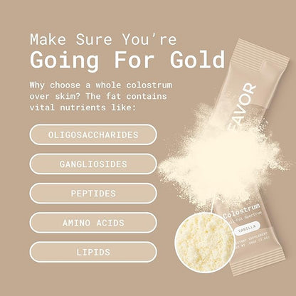 FAVOR Bovine Colostrum Stick Packs | Liposomal And Whole | Holistic Human Health | Convenient For Travel | First Milking | Naturally High IgG Powder | Ethically Made In The USA | Easy To Mix [Vanilla]