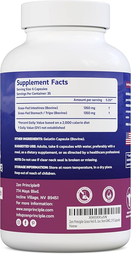 Zen Principle Grass Fed Beef Intestines with Stomach (Tripe) Supplement, Supports Digestive Health and Gut Balance, Supports Acid Reflux Balance, Natural Intestine Wellness, 210 Capsules