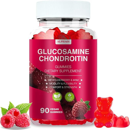 Glucosamine Chondroitin Gummies - 3000MG Extra Strength Joint Support Supplement with MSM & Elderberry, Flexibility, Antioxidant Immune Support Gummy for Adults, Men & Women - 90 Raspberry Gummies