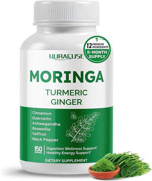 Moringa 12-in-1 Supplement with Turmeric Cinnamon Quercetin Ashwagandha Ginger Boswellia Nettle Saffron Tart Cherry Garlic - Made in The USA