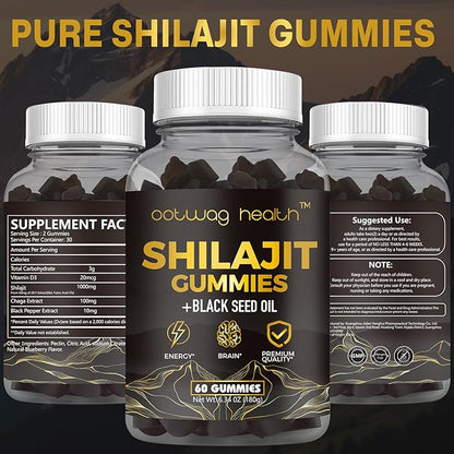 2 Pack Shilajit Resin Gummies, Shilajit for Men Women Supplement with Black Seed Oil, Russia Chaga, Honey, Shilaji t Gummies with 85+ Trace Minerals & Fulvic Acid for Energy, Digestion Health