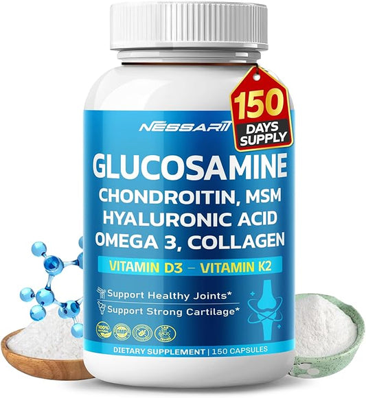 Glucosamine Supplement- 15-in-1 Natural Blend with Chondroitin sulfate Hyaluronic Acid Methylsulfonylmethane Turmeric Ginger Vitamin C, D3-150 Count - Made & Tested in The USA