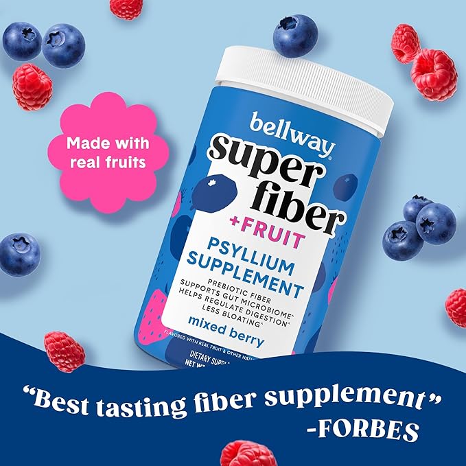 Bellway Super Fiber Powder + Fruit, Sugar Free Organic Psyllium Husk Powder Fiber Supplement for Regularity, Bloating Relief & Gut Health, Non-GMO, Plant-Based, Mixed Berry (50 Servings)
