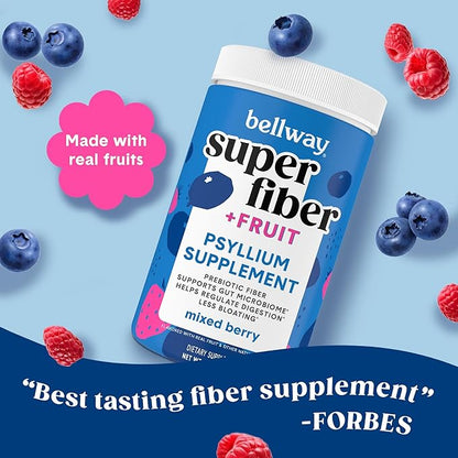 Bellway Super Fiber Powder + Fruit, Sugar Free Organic Psyllium Husk Powder Fiber Supplement for Regularity, Bloating Relief & Gut Health, Non-GMO, Plant-Based, Mixed Berry (50 Servings)