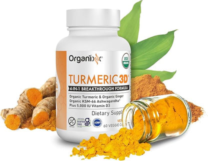 Organixx USDA Organic Turmeric Curcumin Supplement with Ashwagandha, Vitamin D, Turmeric & Ginger – Immune & Joint Support, Fermented for Maximum Bioavailability, 60 Vegetarian Capsules