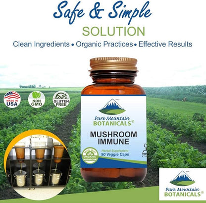 Pure Mountain Botanicals Mushroom Immune - 90 Kosher Capsules with 14 Powerful Mycelium Including Certified Organic Maitake - Reishi - Turkey Tail - Chaga - Cordyceps - Shiitake - Lions Mane