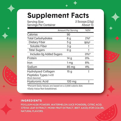 Bellway Super Fiber Powder + Collagen, Sugar-Free Psyllium Husk Powder with Collagen Peptides and Hyaluronic Acid for Gut Health, Healthy Skin, Nails, Bones & Joints, Watermelon (10.6 oz)
