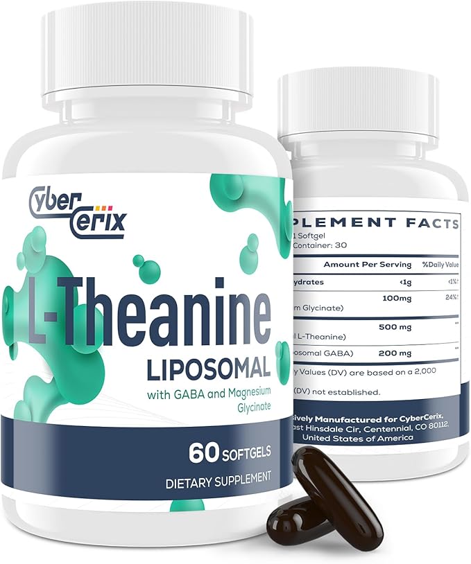 Liposomal L-Theanine 500mg, Complex with GABA 200mg & Magnesium 100mg, Extra Strength Supplement for Calm, Relaxation & Focus, Gluten Free - 60 Capsules
