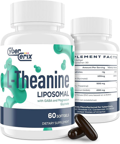 Liposomal L-Theanine 500mg, Complex with GABA 200mg & Magnesium 100mg, Extra Strength Supplement for Calm, Relaxation & Focus, Gluten Free - 60 Capsules