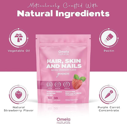 Hair, Skin and Nails Premium Gummies 60ct - Beauty Supplement with 5000mcg Biotin, Vitamins A, C, E, Zinc - Support Hair Growth, Healthy Skin & Strong Nails