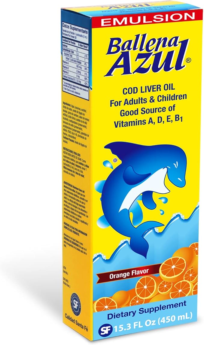 Ballena Azul Aceite de Hígado de Bacalao para Adultos y Niños, COD Liver Oil for Adults and Children, Good Source of Vitamins A,D,E, B1, Dietary Supplement, Omega 3, Inmune System Boost (ORANGE 15 OZ)