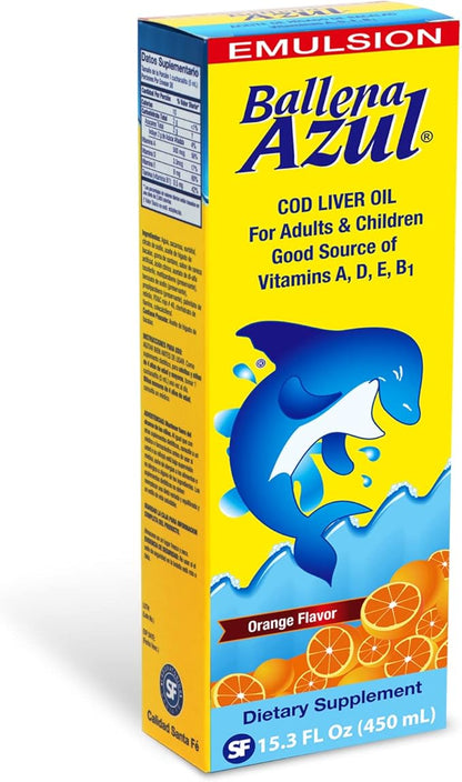 Ballena Azul Aceite de Hígado de Bacalao para Adultos y Niños, COD Liver Oil for Adults and Children, Good Source of Vitamins A,D,E, B1, Dietary Supplement, Omega 3, Inmune System Boost (ORANGE 15 OZ)