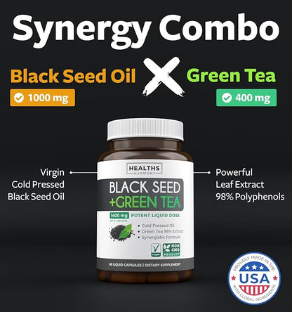 Black Seed Oil Capsules with Green Tea Extract - 1400mg - 60 Liquid Capsules (Non-GMO & Vegan) - Natural Energy Support with Minimal Caffeine for Mental Clarity & Focus