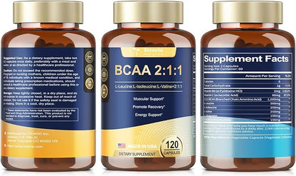 High Purity Branched Chain Amino Acids Supplement - BCAA 2:1:1 Capsules with Creatine Monohydrate, L-Glutamine, Vitamin B6 and Vitamin C for Men & Women, 120 Count